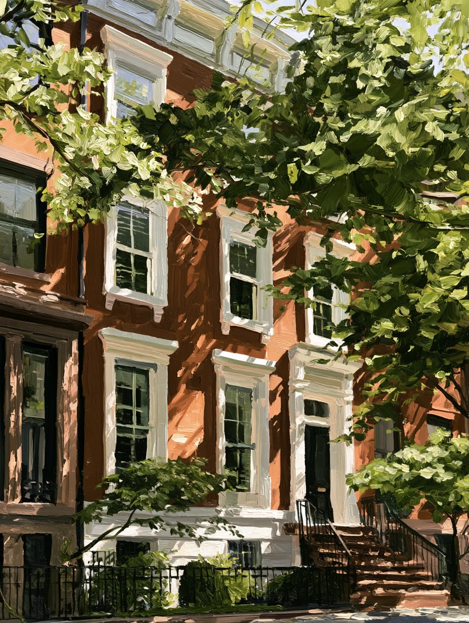A painting of a brownstone's white-trimmed windows and stoop behind summer trees